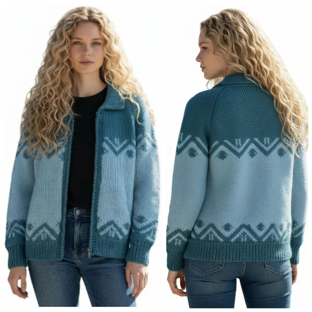 Women's Blue Patterned Cardigan Sweater - Picture 6 of 12